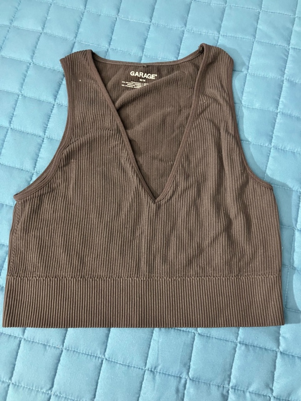 Garage Ribbed V-Neck Crop Tank Top - Brown